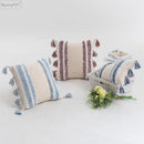 Textured blue & beige striped cushion cover living room tassel pillow