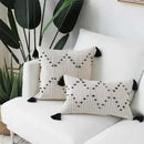 Textured cream & black geometric tassels cushion cover living room