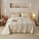 Textured cream cotton quilted bedspread set for bedroom with fringes