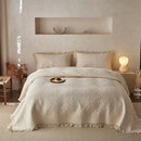 Textured cream cotton quilted bedspread set for bedroom with fringes