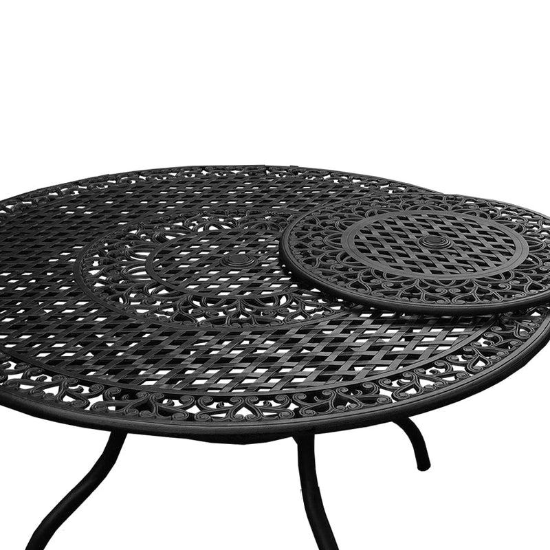 Aluminum 7pc Black Round Patio Dining Set, Lazy Susan, Six Chairs