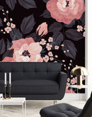 Contemporary Dark Wallpaper with Pink Flowers