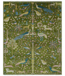 The Green Jungle Life Teal and Peach Peacock Bird Hand Knotted 8x10 Wool Area Rug
