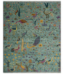 The Jungle Life Peacock Bird Rug Hand Knotted 8x10 Green Wool Rug