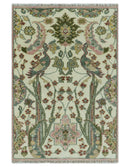 The Peacock Garden Ivory and Green Bird Hand Knotted Multi size Wool Area Rug