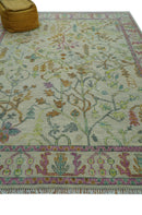 The Plants and Roots Ivory and Pink Hand Knotted Traditional Custom Made Wool Rug