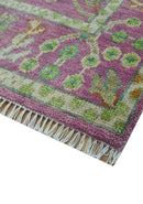 The Plants and Roots Pink and Green Hand Knotted Traditional Custom Made Wool Rug