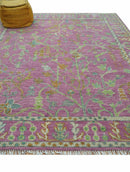 The Plants and Roots Pink and Green Hand Knotted Traditional Custom Made Wool Rug
