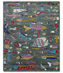 The Sea Life vibrant Colorful Fish Gray Rug Hand Knotted Multi Size Wool Area Rug
