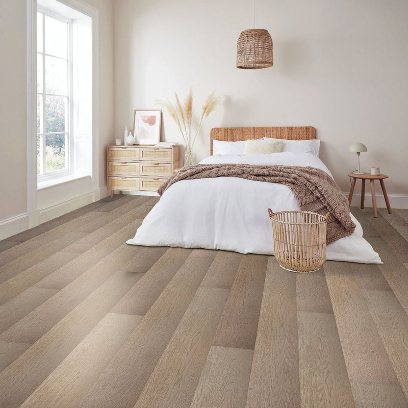 Engineered Hardwood Thurlow Oak 6.5" Wide - Totem Collection installed bright bedroom white sheets