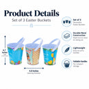 Set of 3 Easter Egg Hunt Buckets Metal Tin Pails with Handles Candy Gifts and Decor