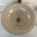 Round Bowl Tan Travertine Vessel Bathroom Sink - Handcrafted Natural Stone Above Counter Vanity Basin
