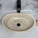 Oval Polished Tan Travertine Vessel Bathroom Sink - Handcrafted Natural Stone Above Counter Vanity Basin