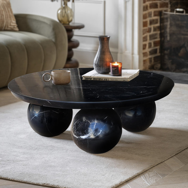 Toros Black Marble Round Designer Coffee Table with Sphere Legs (D)34" (H)15" in Iiiving room