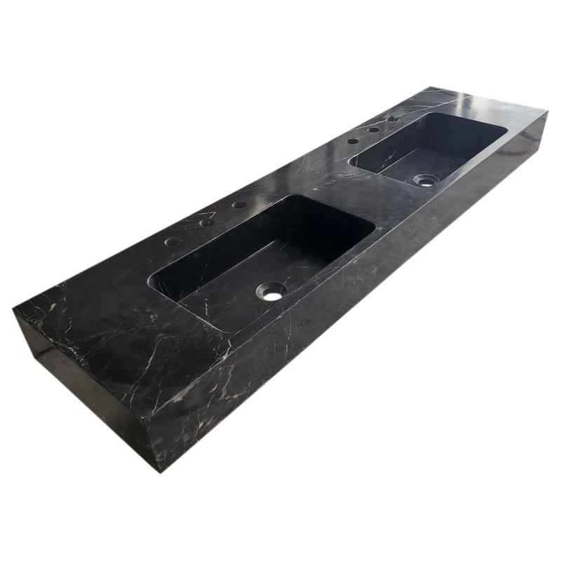 Toros Black Marble Double Sink Wall-mount Bathroom Sink Polished (W)18" (L)60" (H)6" angle view