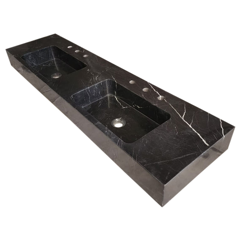 Toros Black Marble Double Sink Wall-mount Bathroom Sink Polished (W)18" (L)60" (H)6" angle view