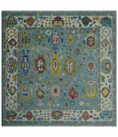 Traditional Blue and Ivory Vibrant Colorful Hand knotted Oushak Multi Size wool Area Rug