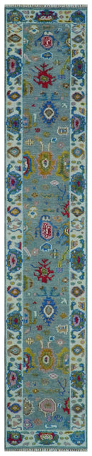 Traditional Blue and Ivory Vibrant Colorful Hand knotted Oushak Multi Size wool Area Rug
