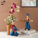 Traditional blue & red resin ornaments cute girls storage living room
