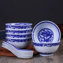 Traditional blue & white porcelain dragon rice bowls dining room set