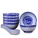 Traditional blue & white porcelain dragon rice bowls dining room set
