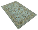 Traditional Floral Aqua, Beige and Taupe Hand Knotted 6x9 wool area rug