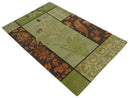 Traditional Floral Block Design Green, Brown and Rust Hand knotted 5x8 Indoor wool Area Rug