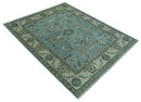 Traditional Floral Blue and Beige 8X10 Antique Style Hand Knotted Wool Rug