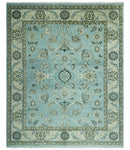 Traditional Floral Blue and Beige 8X10 Antique Style Hand Knotted Wool Rug