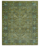 Traditional Floral Green and Aqua Hand Knotted 8x10 wool area rug