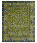 Traditional Floral Green and Blue Hand Knotted 8x10 wool area rug