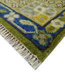 Traditional Floral Green and Blue Hand Knotted 8x10 wool area rug