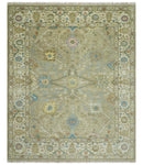 Traditional Floral Olive and Ivory 8x10 Hand Knotted Oriental Oushak wool area rug