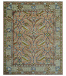 Traditional Floral Peach and Green Hand Knotted 8x10 wool area rug