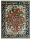 Traditional Floral Rust, Ivory and Blue Fine Hand Knotted 9x12 wool area rug