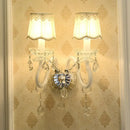 Traditional gold crystal candle wall lamp for bedroom with lace shade