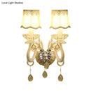 Traditional gold crystal candle wall lamp for bedroom with lace shade
