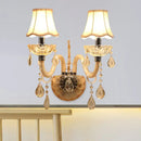 Traditional gold crystal wall sconce with fabric shade bedroom light