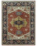 Traditional Heriz Rust and Blue Fine Hand Knotted 9x12 wool area rug