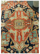 Traditional Heriz Rust, Ivory and Blue 8x10 fine Hand Knotted wool area rug