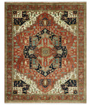 Traditional Heriz Rust, Ivory and Blue 8x10 fine Hand Knotted wool area rug