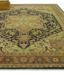 Traditional Heriz Vintage Style Fine Hand Knotted Gold, Blue and Rust Wool area Rug