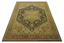 Traditional Heriz Vintage Style Fine Hand Knotted Gold, Blue and Rust Wool area Rug