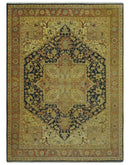 Traditional Heriz Vintage Style Fine Hand Knotted Gold, Blue and Rust Wool area Rug