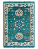 Traditional Khotan Design Teal And Beige Hand knotted 4x6  Wool Area Rug