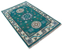 Traditional Khotan Design Teal And Beige Hand knotted 4x6  Wool Area Rug