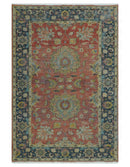 Traditional Oriental Design Fine Rust And Blue Hand Knotted 4x6 Wool Area Rug