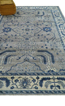 Traditional Oriental Gray And Blue Hand knotted Art Silk Area Rug