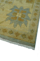 Traditional Oushak Design Beige and Blue Hand Knotted Wool Area Rug