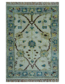 Traditional Oushak Design Blue And Ivory 2x3 Hand knotted Wool Area Rug